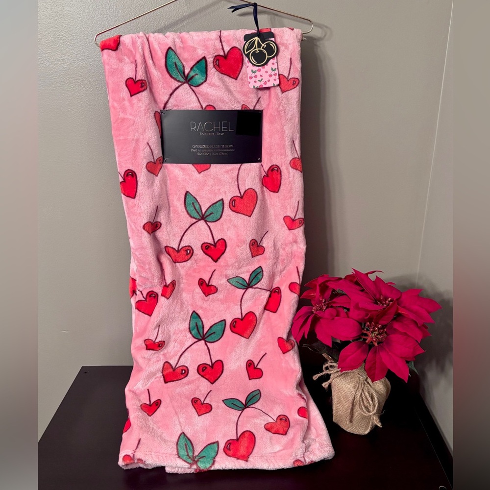 NEW!! Rachel Roy pink cherry hearts plush throw blanket